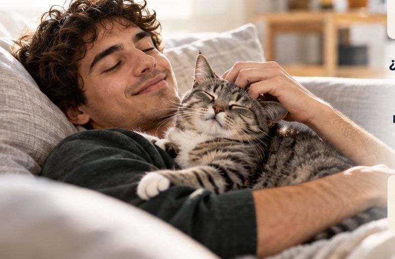 Joven descansando con su gato en el sofá